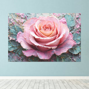 Pink Rose with Peach Centre and Teal Leaves Canvas Print
