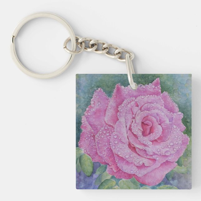 Pink Rose with Raindrops Keychain (Front)
