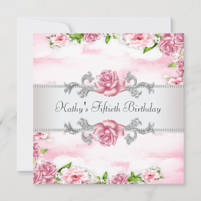 Pink Rose Womans 50th Birthday Party Invitation (Front)