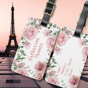 Pink Rose Womens Custom Name Luggage Tag