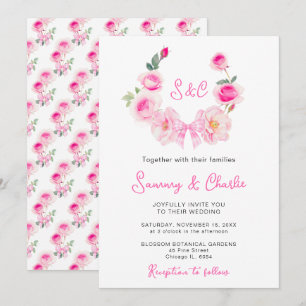 Pink Rose Wreath Coquette Bow Wedding Invitation