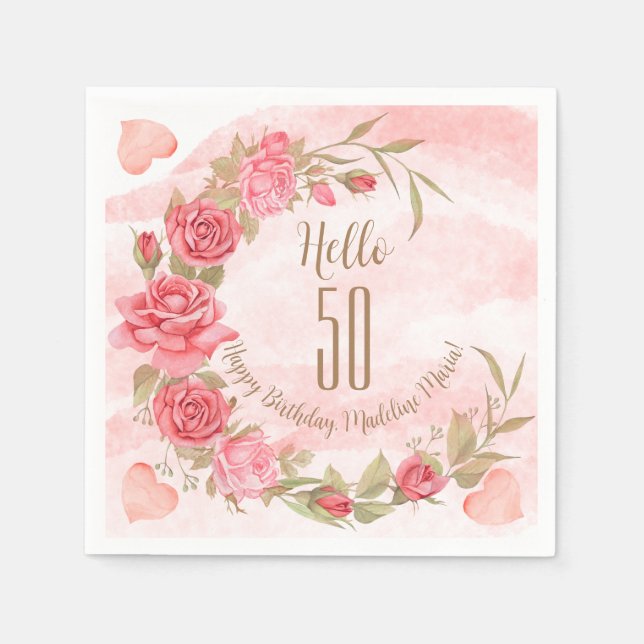 Pink Rose Wreath Personalized Birthday Party Event Napkin (Front)