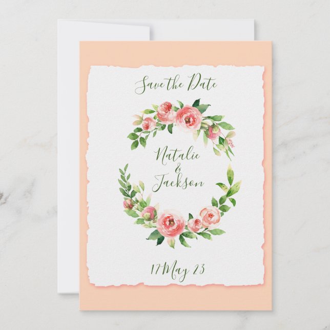 Pink Rose Wreath Save The Date Card (Front)