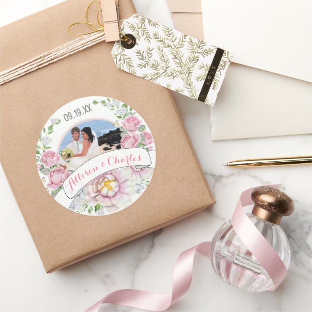 Pink Rose Wreath Wedding Photo Seals (Gifting)
