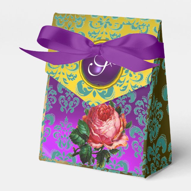 PINK ROSE ,YELLOW TEAL DAMASK, PURPLE GEM MONOGRAM FAVOR BOX (Front Side)