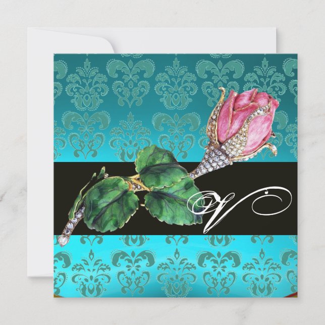 PINK ROSEBUD DIAMOND JEWEL , BLUE DAMASK MONOGRAM INVITATION (Front)
