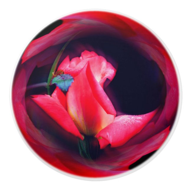 Pink Rosebud Floral Abstract Art  Ceramic Knob (Front)