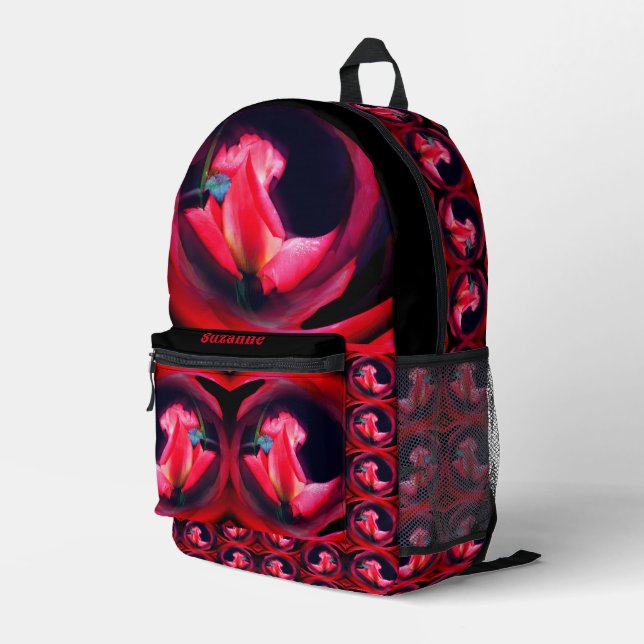 Pink Rosebud Floral Abstract  Personalized Printed Backpack (Back Corner Right)