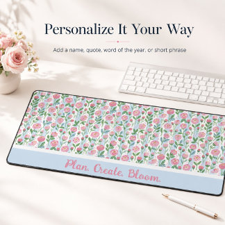 Pink Rosebud Floral Blue Stripe Quote Name
