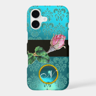 PINK ROSEBUD JEWEL, BLUE TEAL DAMASK GEM MONOGRAM