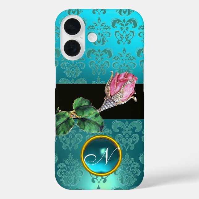 PINK ROSEBUD JEWEL, BLUE TEAL DAMASK GEM MONOGRAM Case-Mate iPhone CASE (Back)