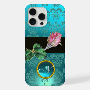 PINK ROSEBUD JEWEL, BLUE TEAL DAMASK GEM MONOGRAM iPhone 15 PRO MAX CASE