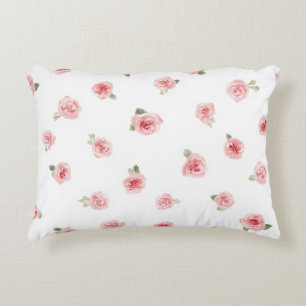 Pink Rosebud Watercolor Floral Vintage Rose White Accent Pillow