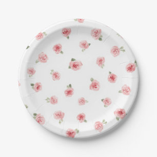 Pink Rosebud Watercolor Floral Vintage Rose White Paper Plate