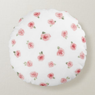 Pink Rosebud Watercolor Floral Vintage Rose White Round Pillow
