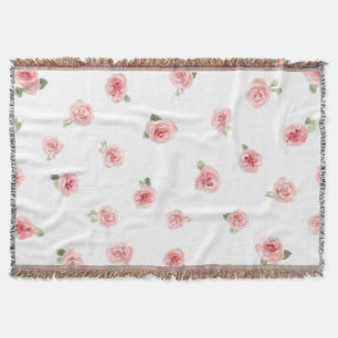 Pink Rosebud Watercolor Floral Vintage Rose White Throw Blanket