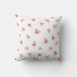 Pink Rosebud Watercolor Floral Vintage Rose White Throw Pillow