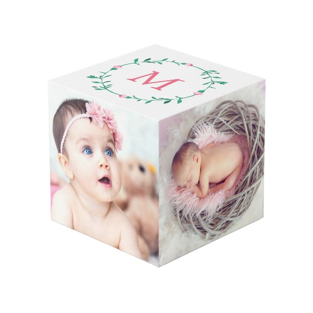 Pink Rosebud Wreath Monogram Baby Photo Cube (Front Angled)