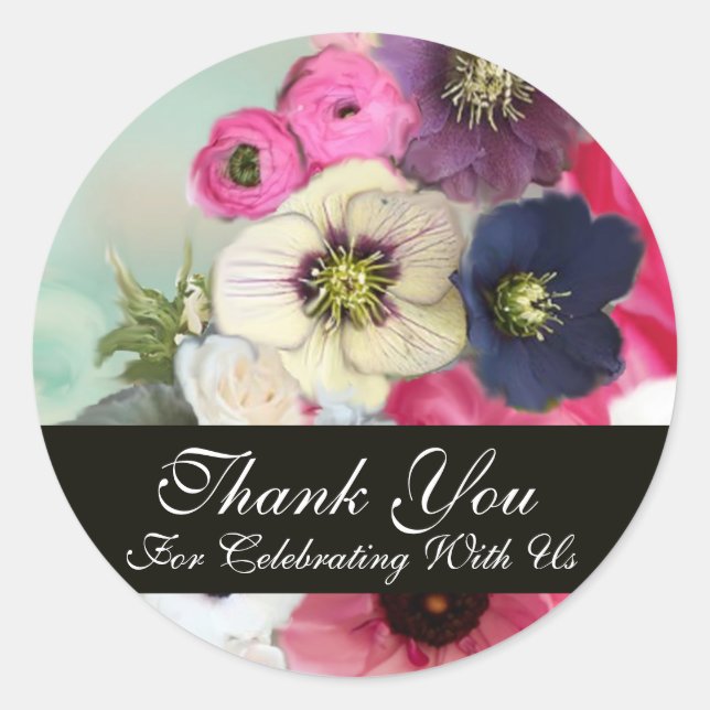 PINK ROSES AND ANEMONE FLOWERS BRIDAL SHOWER CLASSIC ROUND STICKER (Front)