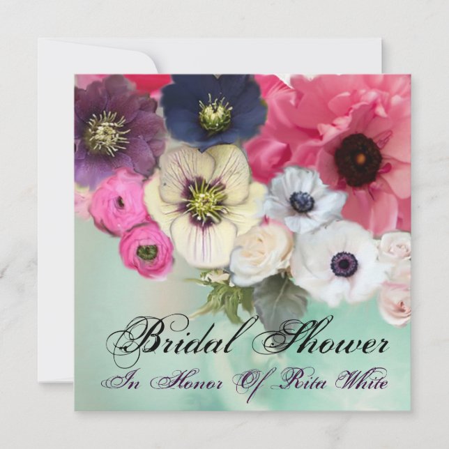 PINK ROSES AND ANEMONE FLOWERS BRIDAL SHOWER INVITATION (Front)
