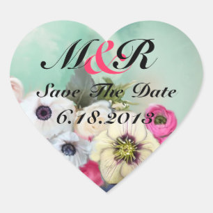 PINK ROSES AND ANEMONE FLOWERS Save the date Heart Sticker