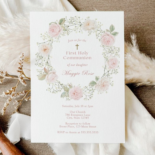 Pink Roses and Baby Breath First Holy Communion Invitation (Creator Uploaded)