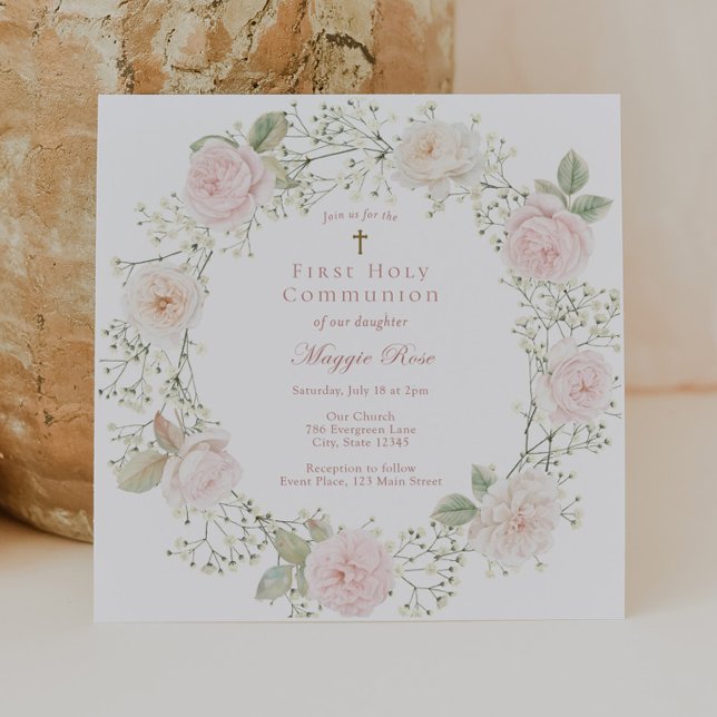 Pink Roses and Baby Breath Girl Communion Invitation (Creator Uploaded)