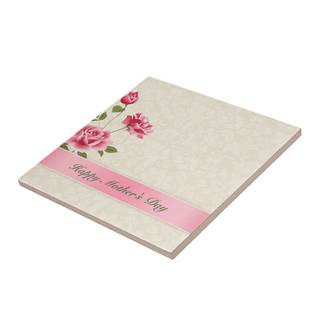 Pink Roses And Beige Damask- Happy Mothers's Day Tile (Side)