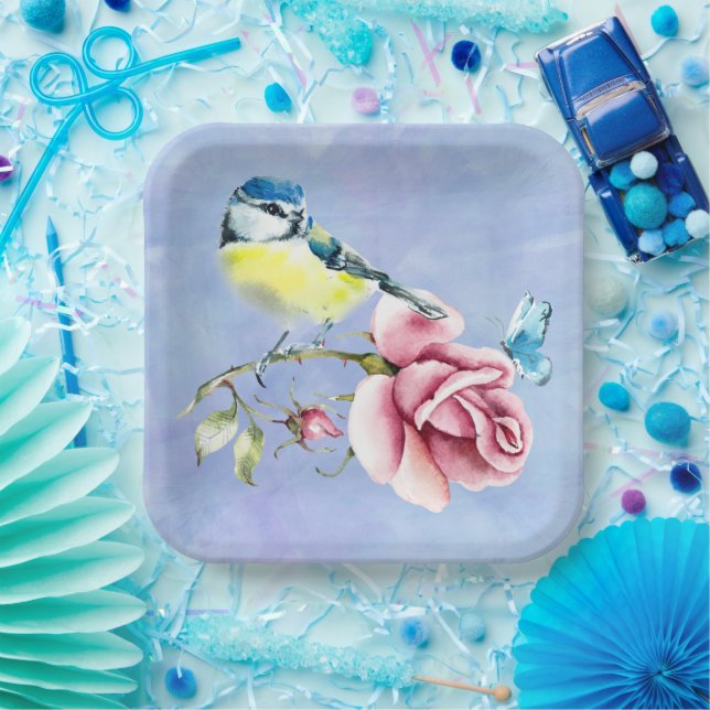 Pink Roses and Bird Paper Plate (Party)