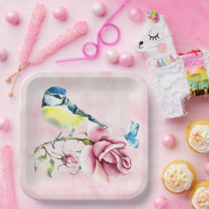 Pink Roses and Bird Paper Plate