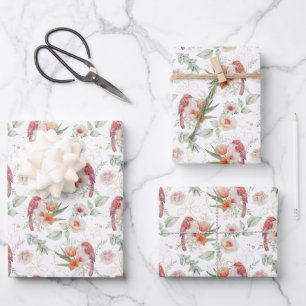 Pink Roses and Birds Wedding Watercolors  Wrapping Paper Sheet