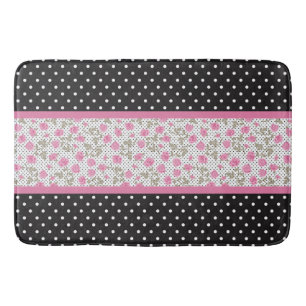 Pink Roses And Black And White Polka Dots Bath Mat