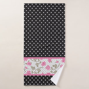 Pink Roses and Black and White Polka Dots Bath Towel Set
