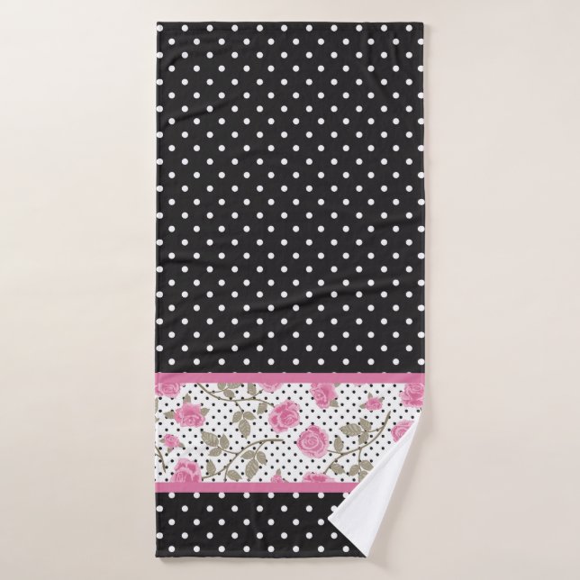 Pink Roses and Black and White Polka Dots Bath Towel Set (Bath Towel)