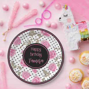 Pink Roses and Black Polka Dots Personalized Paper Plate