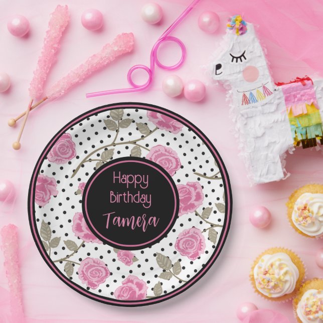 Pink Roses and Black Polka Dots Personalized Paper Plate (Party)