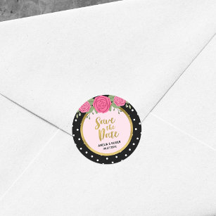 Pink Roses and Black White Polka Dot Save the Date Classic Round Sticker