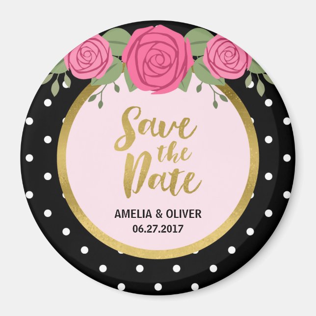 Pink Roses and Black White Polka Dot Save the Date Magnet (Front)