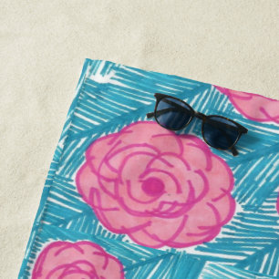 Pink Roses and Blue Palm Leaves Beach Towel