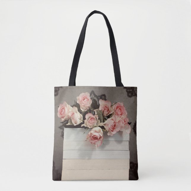 Pink Roses and Books Tote Bag (Front)