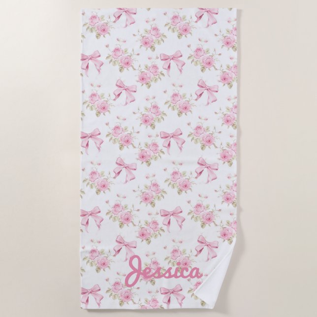Pink Roses and Bows Coquette Beach Towel (Front)