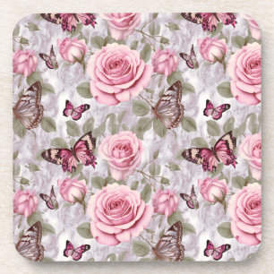 Pink Roses and Butterflies Watercolor Floral Coaster