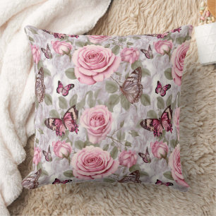 Pink Roses and Butterflies Watercolor Floral Throw Pillow