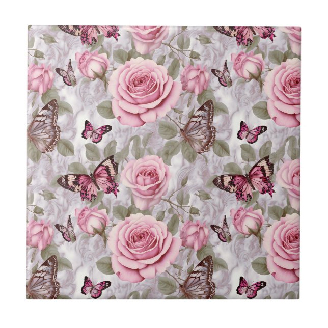 Pink Roses and Butterflies Watercolor Floral Tile (Front)