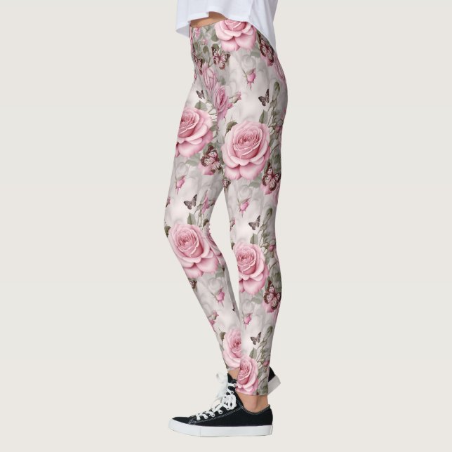 Pink Roses and Butterflies Watercolor  Leggings (Left)