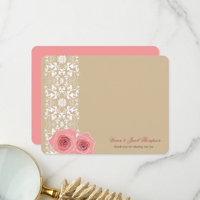 Pink Roses And Damask Lace Romantic Chic Wedding Thank You Card (Front/Back In Situ)