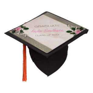 Pink Roses And Dark Grayish Damask Graduation Cap Topper