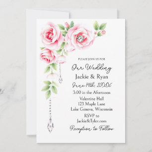 Pink Roses and Diamonds Floral Wedding  Invitation