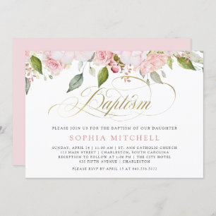 Pink Roses and Elegant Gold Script   Baptism Invitation