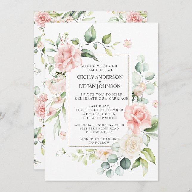 Pink Roses and Eucalyptus Frame Floral Wedding Invitation (Front/Back)